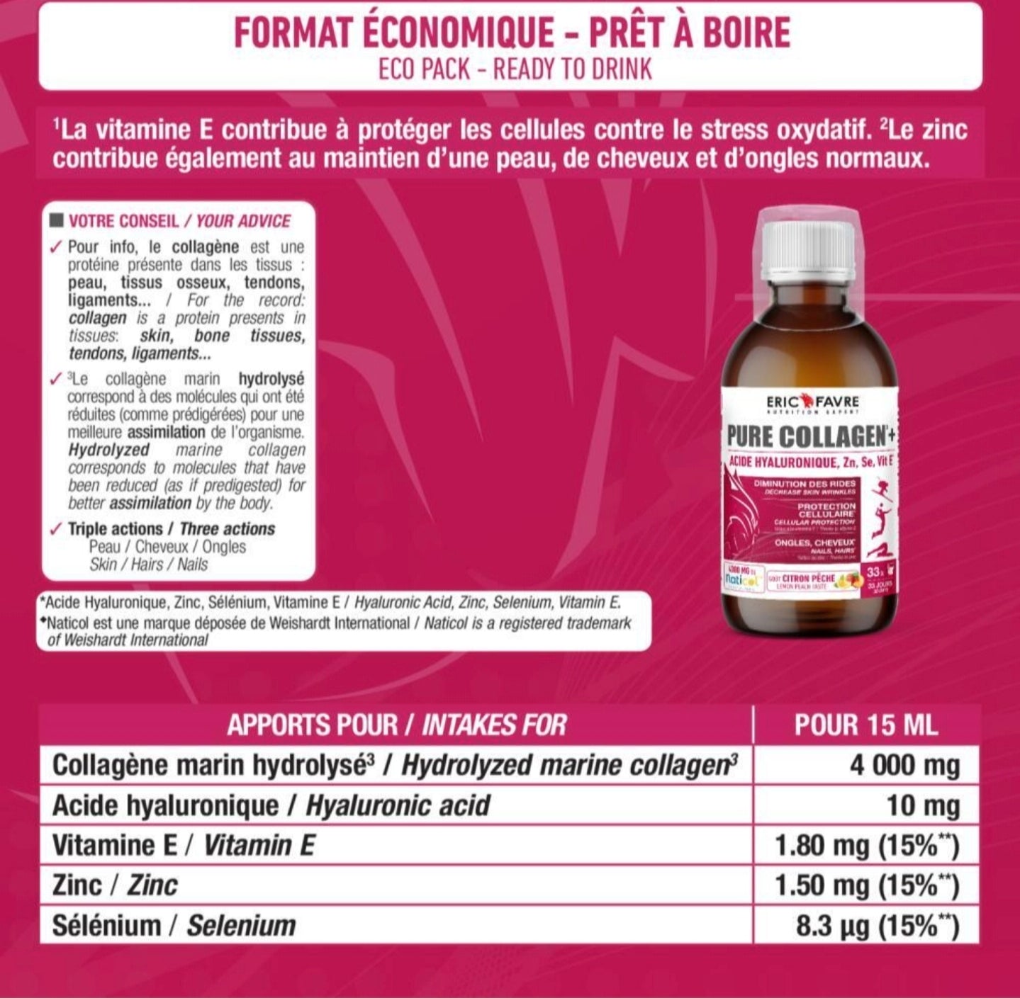 Pure Collagen marin hydrolysé + Acide hyaluronique Formule liquide 500 ml Pêche - Citron