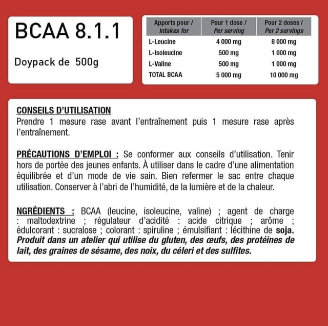 BCAA 8.1.1 ZERO 500gr Thé Pêche